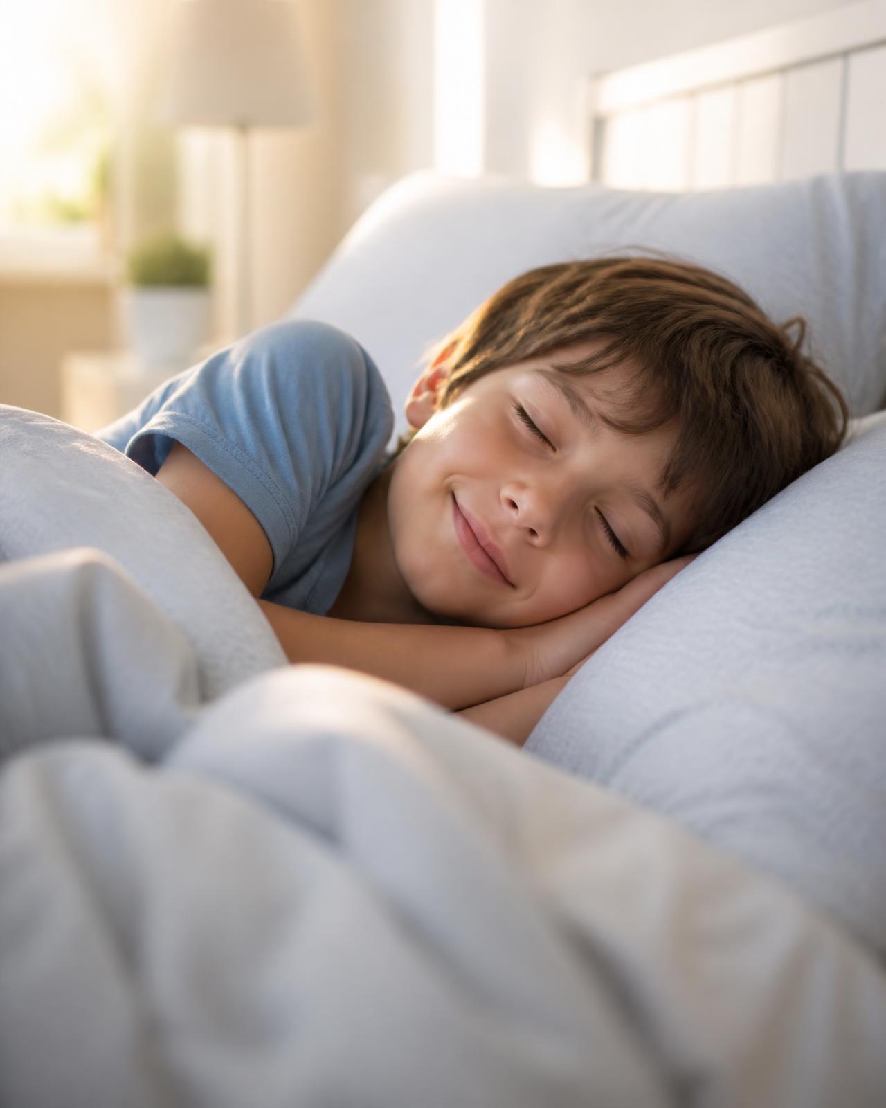 A young child sleeping peacefully in soft morning light